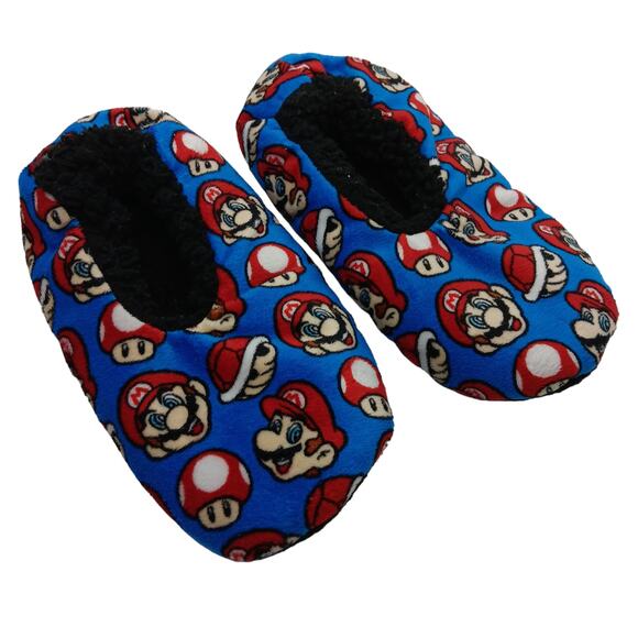 Super Mario Bros. Slippers Size 3Y Blue with Mario and Mushroom Print Allover - Picture 1 of 4